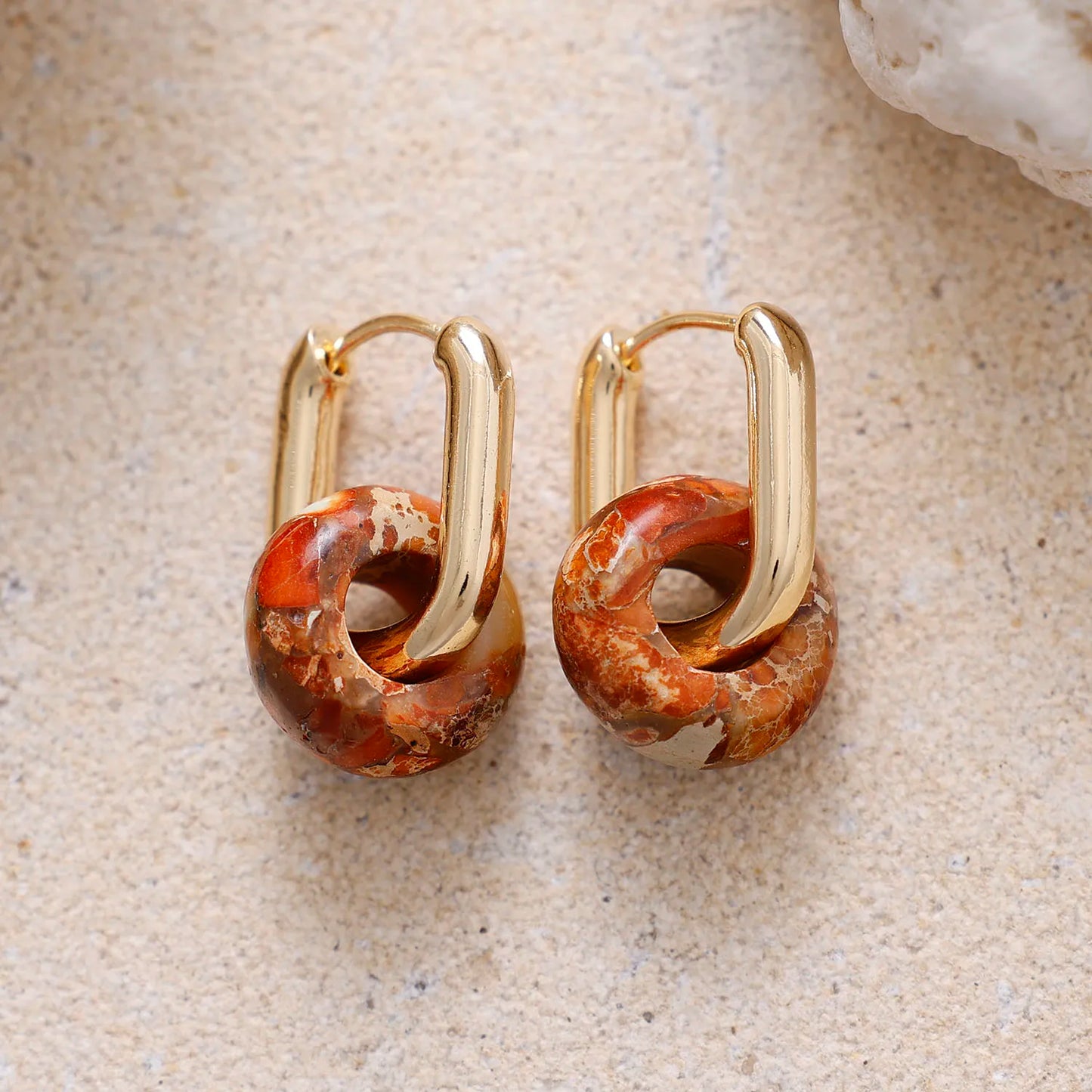 Natural Imperial Jasper Gold Plated Hoop Earrings