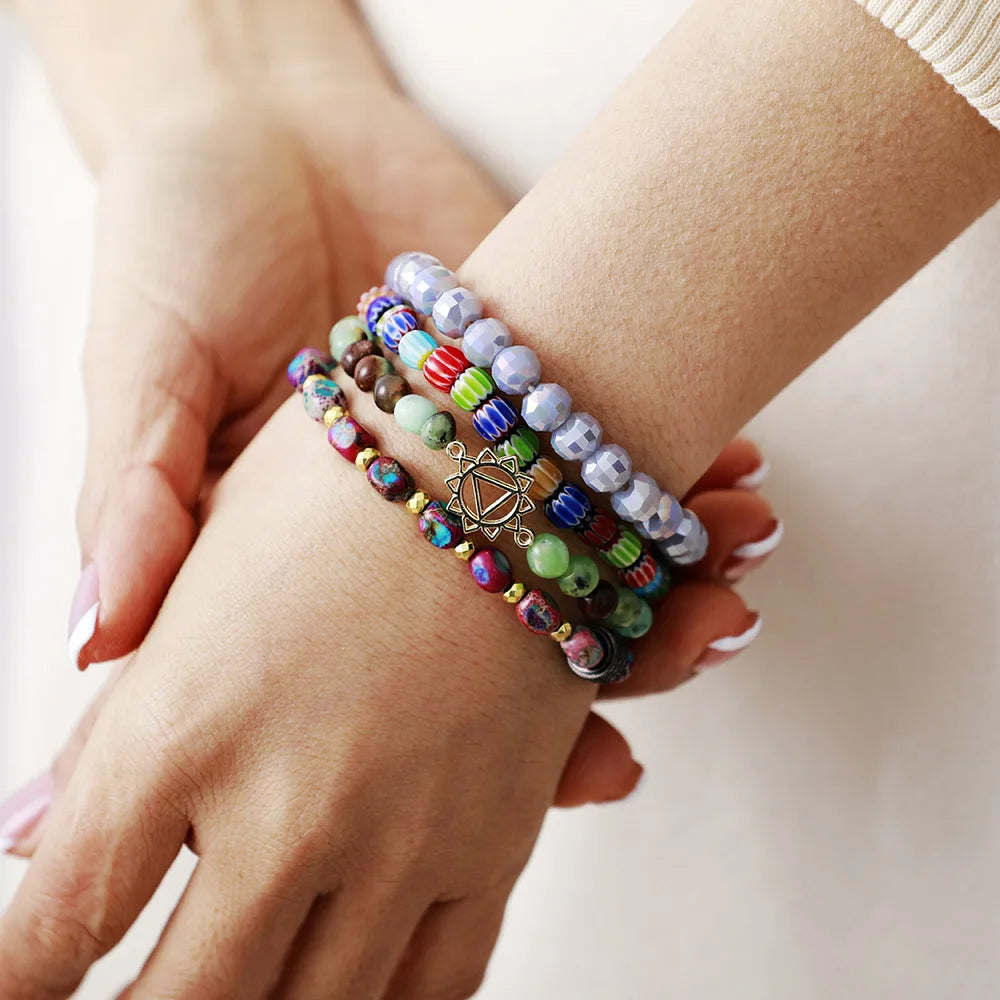 Natural Gemstones & Glazed Beads Hippie Bracelet Set