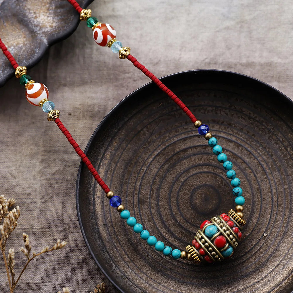 Natural Turquoise, Red Jasper, Tiger Eyes & Nepal Charm Ethnic Necklace