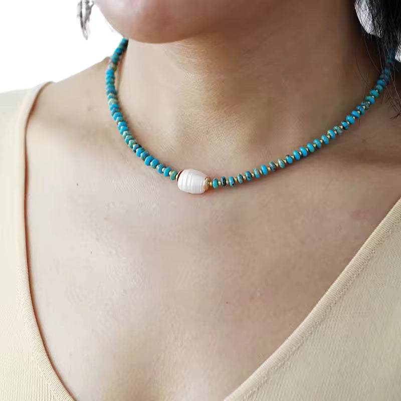 Natural Turquoise Beads & Baroque Pearl Choker Necklace