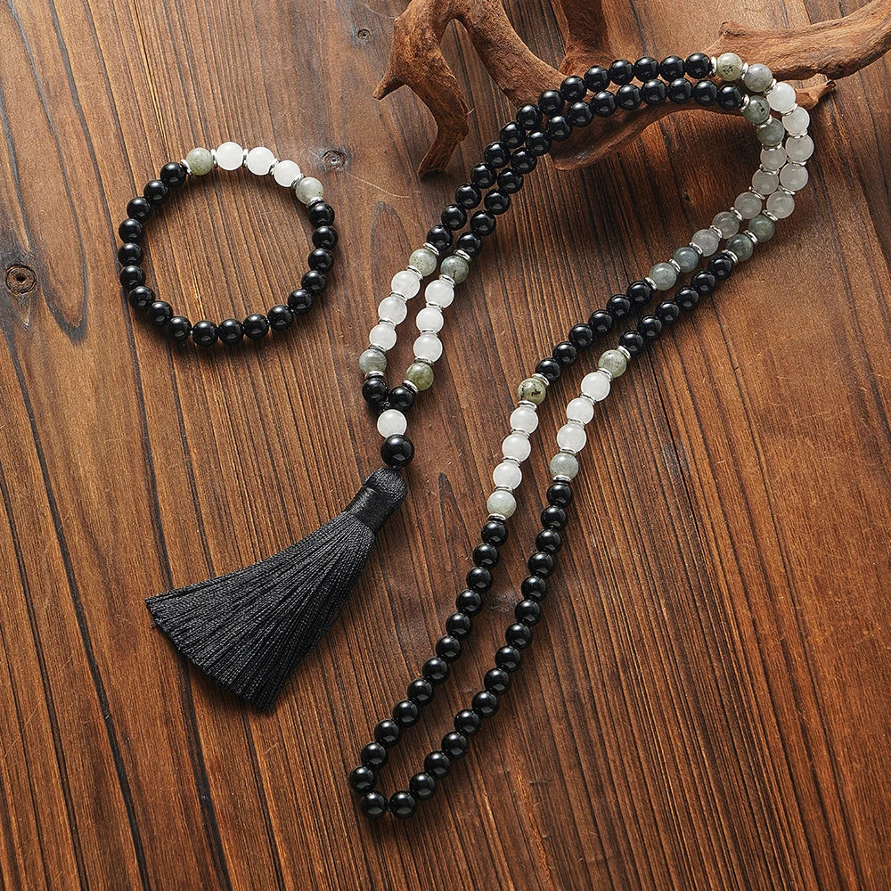 Natural Black Onyx, Labradorite & White Quartz 108 Beads Mala Set