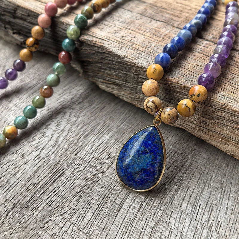 Natural Amethyst, Aquamarine, Indian Agate, Picture Jasper, Rhodonite & Sodalite 108 Beads Mala Set