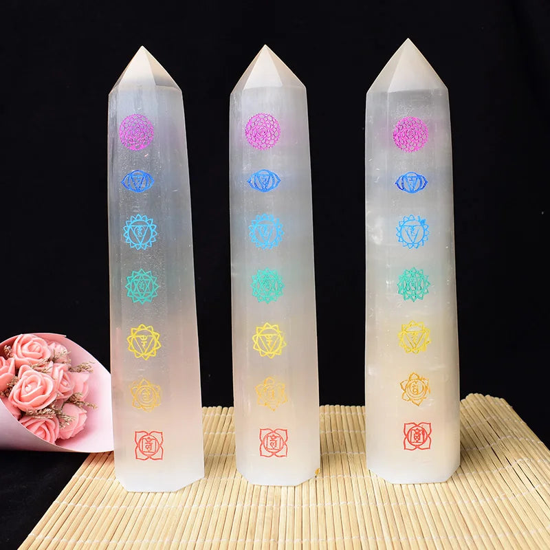 Natural Pointed Selenite Seven Chakras Tower