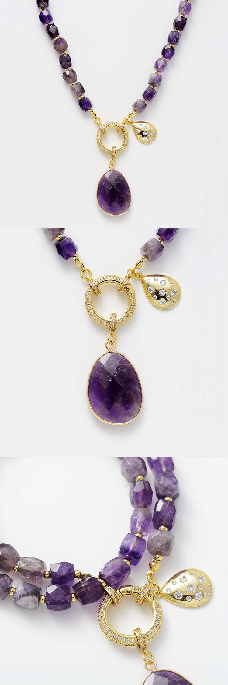 Natural Amethyst & Zircon Pendant Lariat Necklace