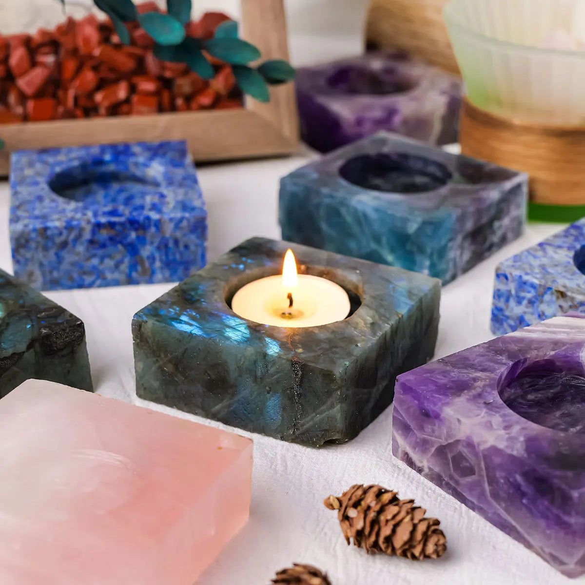 Natural Amethyst, Lapis Lazuli, Labradorite, Rose Quartz, Clear Quartz Raw Fluorite Stone Candle Holder