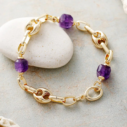 Natural Amethyst Gold Plated Chunky Chain Bracelet