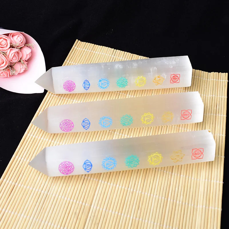 Natural Pointed Selenite Seven Chakras Tower