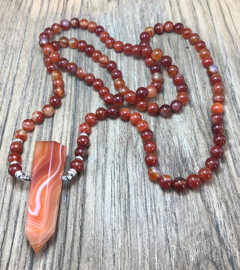 Natural Red Agate 108 Beads Point Pendant Mala