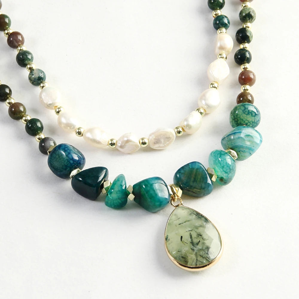 Natural Pearls, Indian Agate, Apatite & Prehnite Pendant Double Layer Necklace
