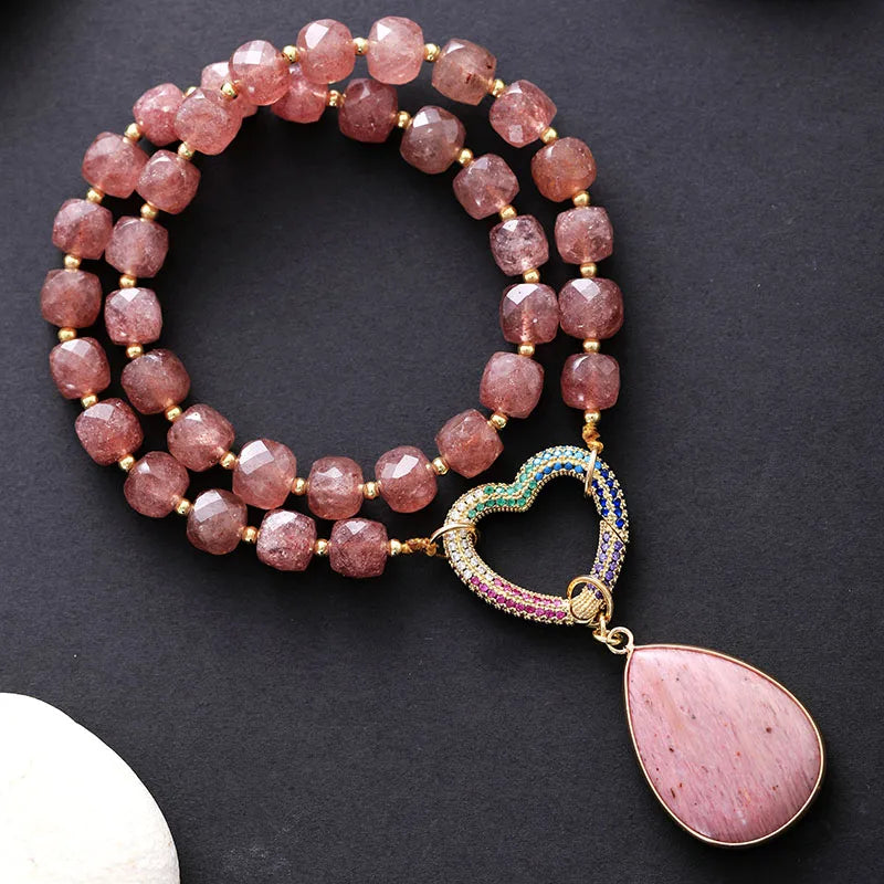 Natural Strawberry Quartz & Rhodonite Heart Necklace