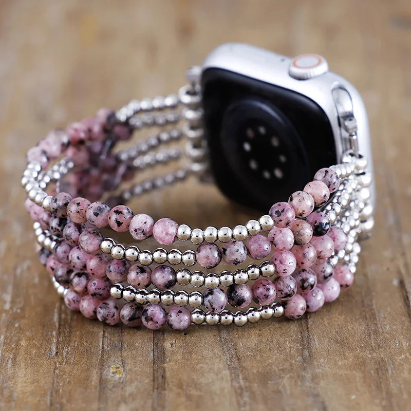 Natural Rhodonite & Brass Beaded Smartwatch Band