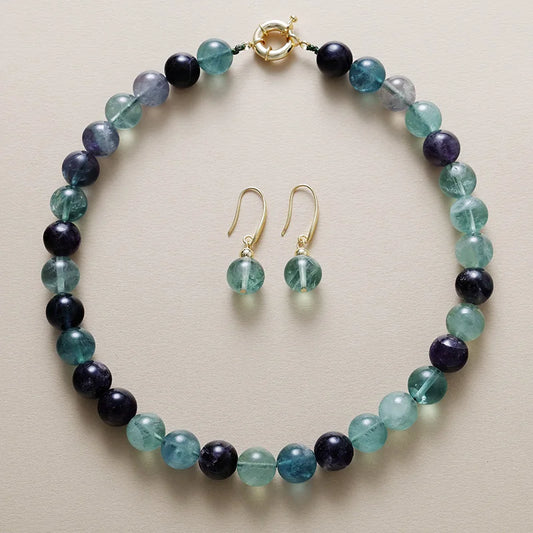 Natural Rainbow Fluorite Minimalist Earrings & Necklace Set