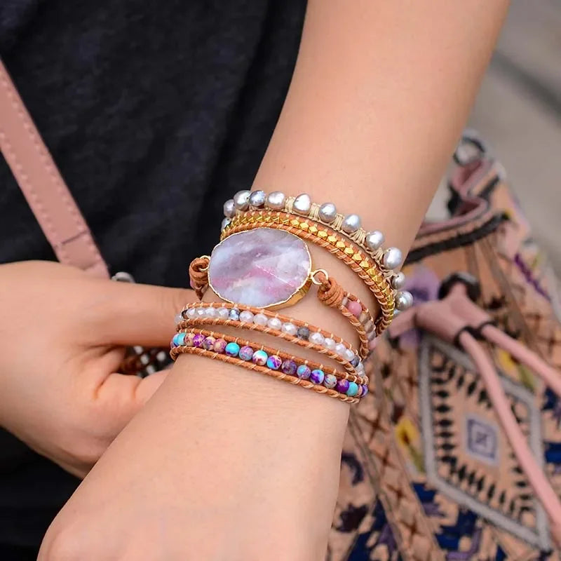 Natural Agate, Mixed Jasper & Freshwater Pearls Leather Wrap Bracelet