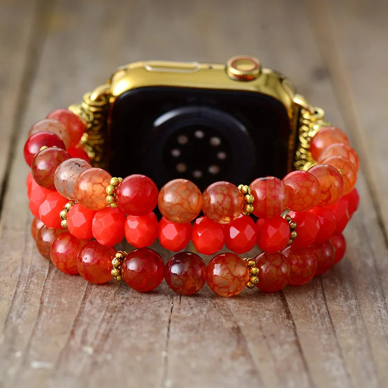 Natural Red & Orange Agate Beaded Smartwatch Band