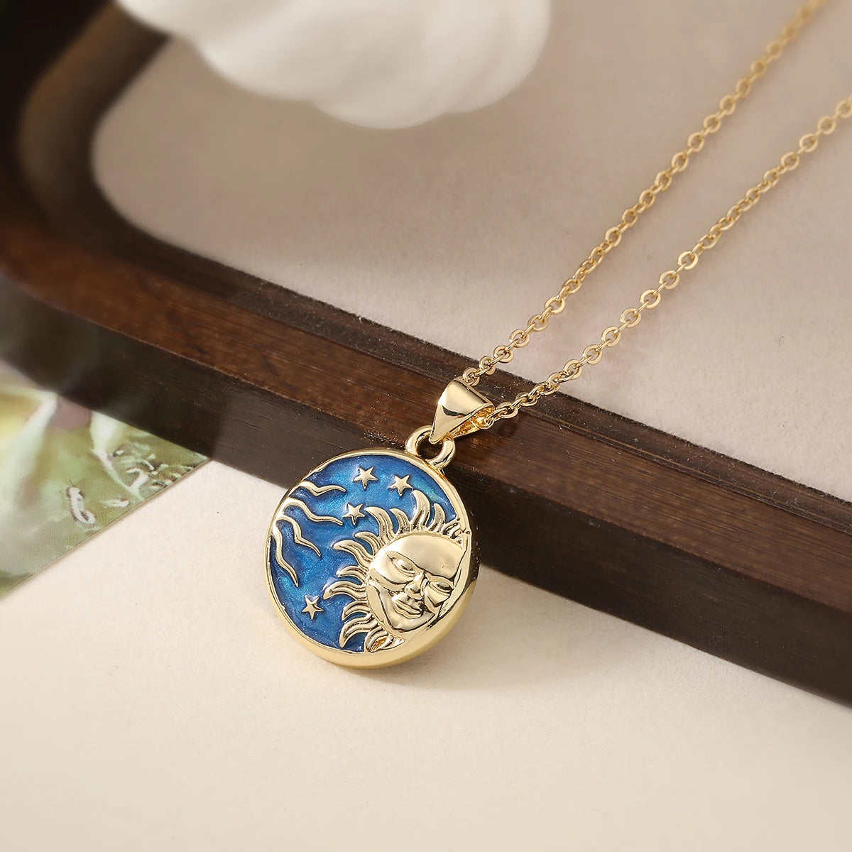 Handmade Enameled Moon Sun & Stars Zircon Pendant Necklace