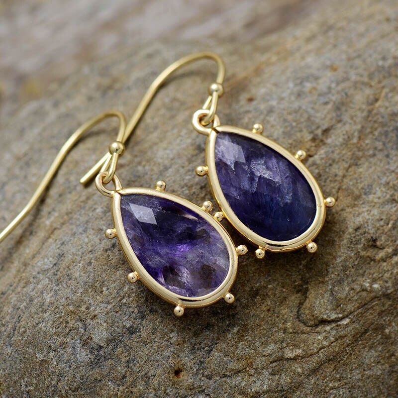 Natural Purple Fluorite Gold Plated Earrings