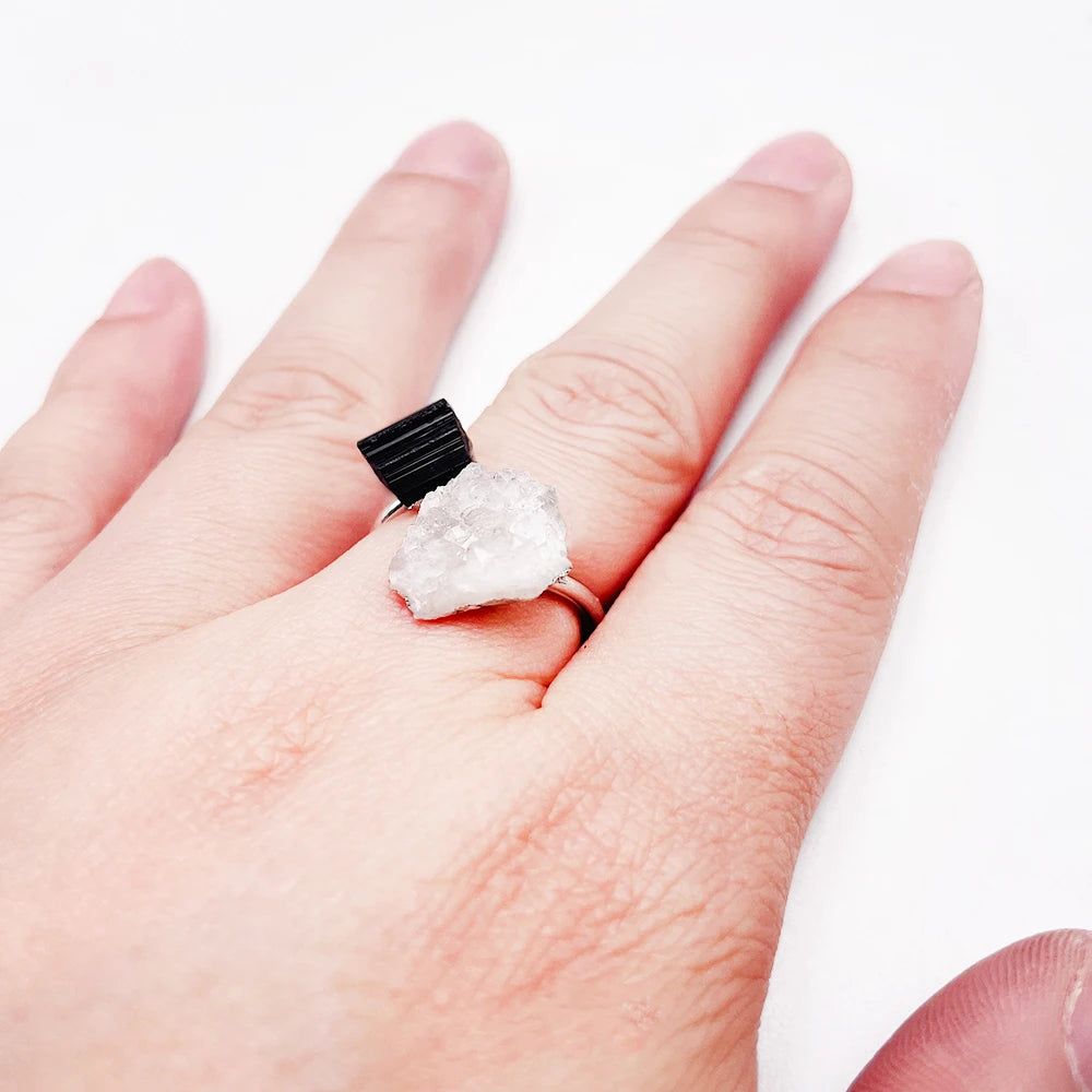 Natural Black Tourmaline & Clear Quartz Open Adjustable Ring