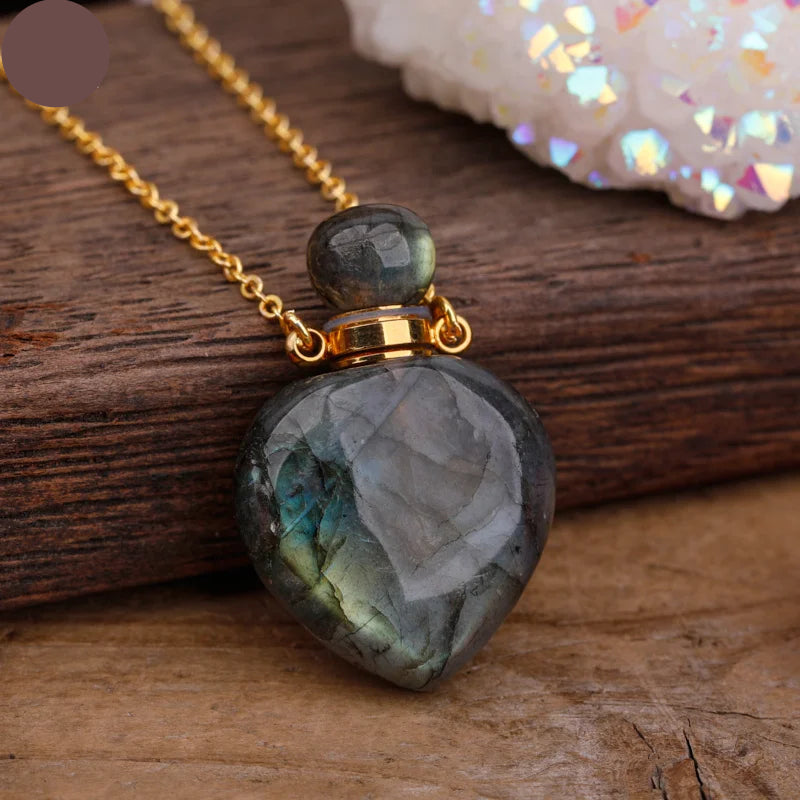 Natural Labradorite Heart Shaped Perfume Bottle Necklace