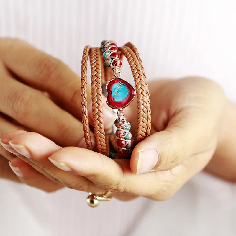 Natural Red Sediment Stone Heart Wrap Bracelet