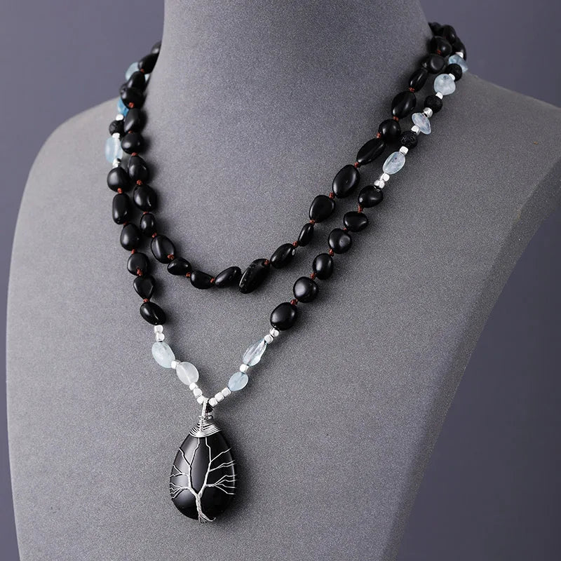 Natural Black Agate & Clear Quartz Tree of Life Necklace