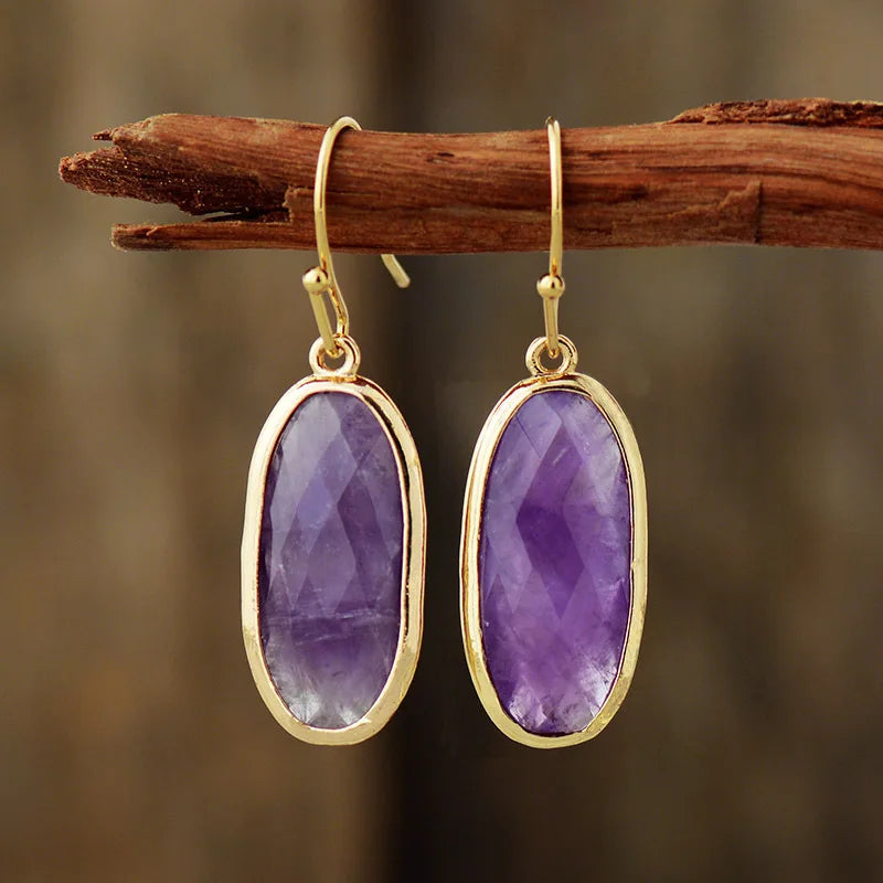 Natural Amethyst Gold Plated Oval Long Earrings