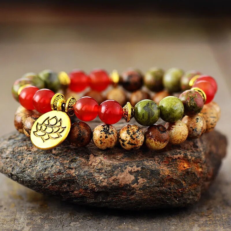 Natural Unakite, Picture Jasper & Onyx 2 Bracelets Set