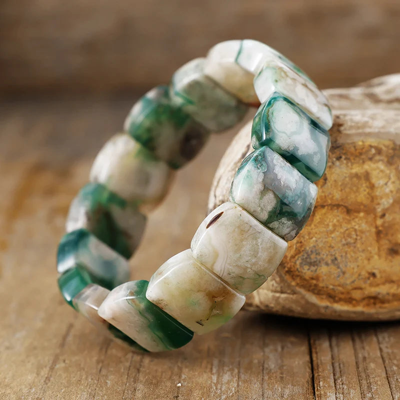 Natural Green Cherry Blossom Agate Chunky Bangle Bracelet