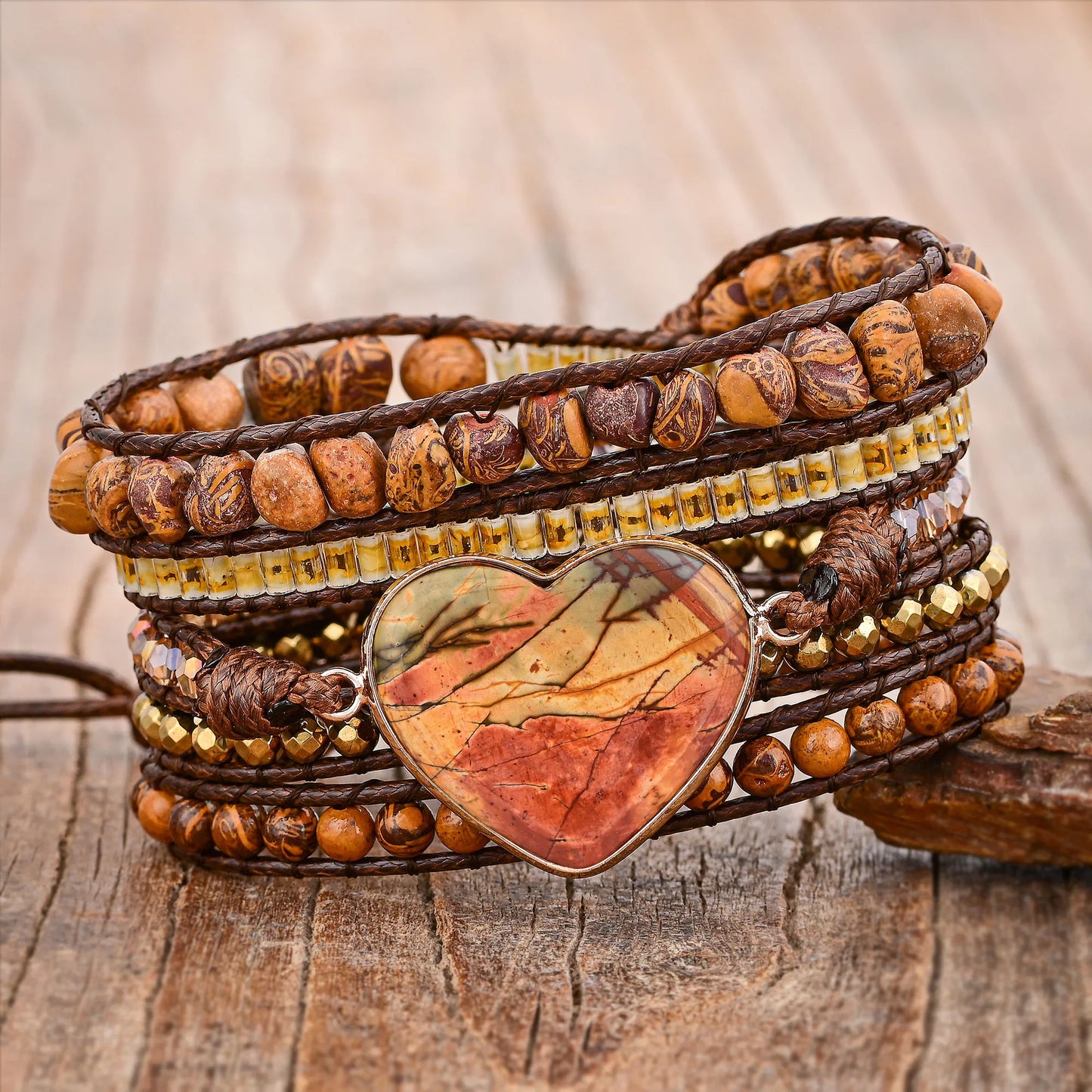 Natural Picasso Jasper Heart Vegan Wrap Bracelet
