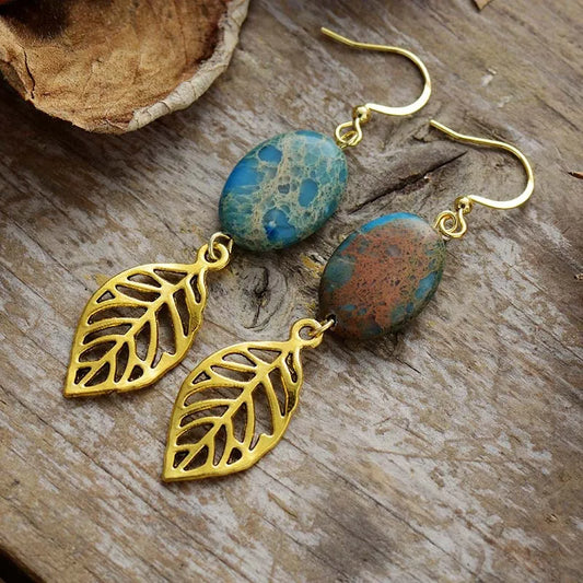 Natural Blue Imperial Jasper Gold Plated Leaf Earrings
