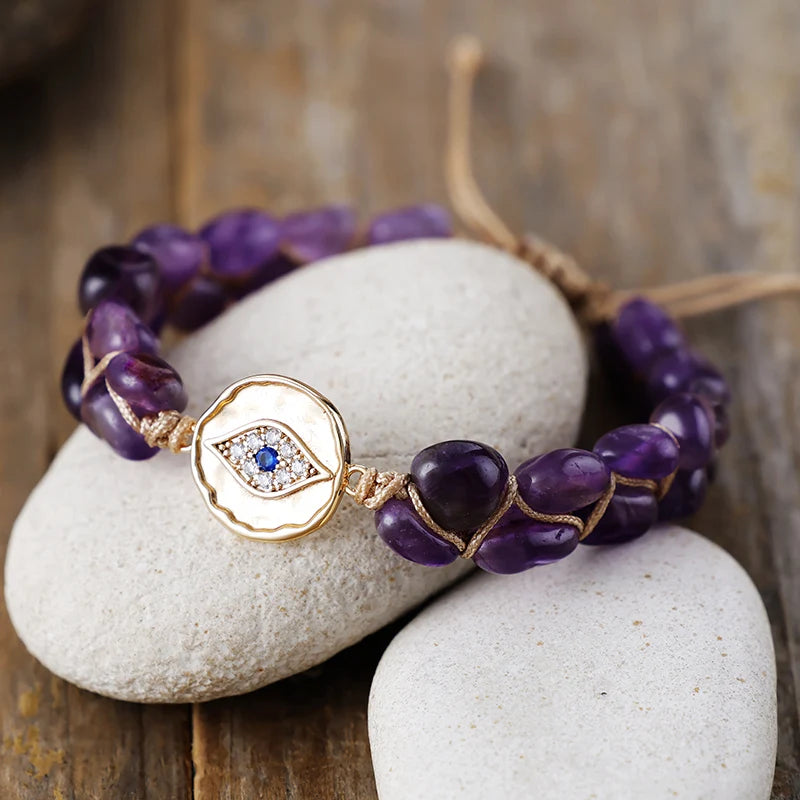 Natural Amethyst Macrame Evil Eye Bracelet