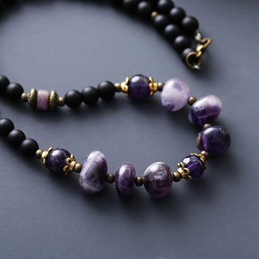 Natural Black Onyx & Amethyst Beaded Choker
