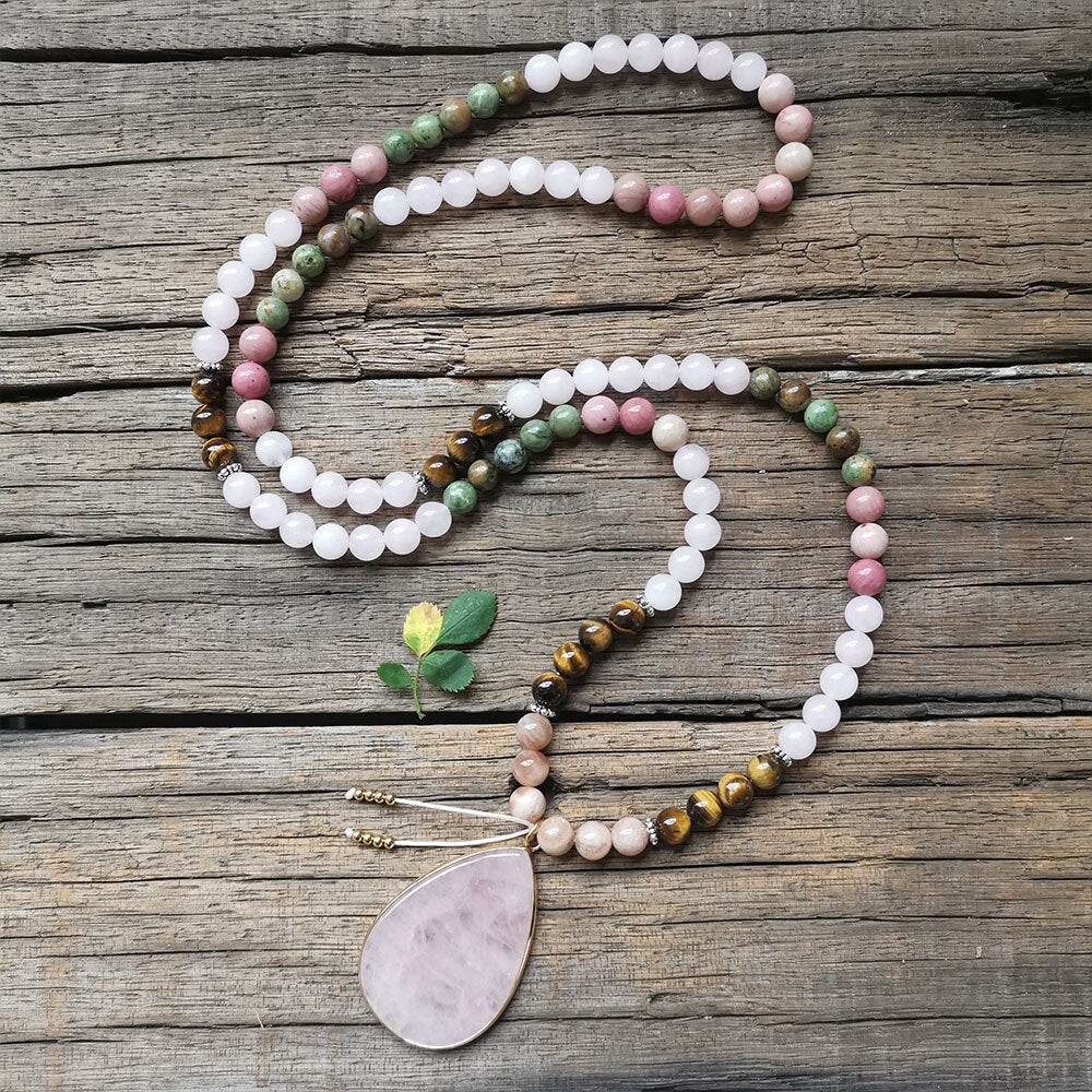 Natural Sunstone, Jasper, Rose Quartz, Tiger Eye & Rhodonite 108 Beads Mala Necklace / Bracelet