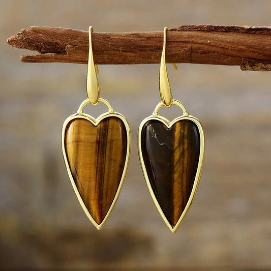 Natural Tiger's Eye Gold Plated Heart Earrings