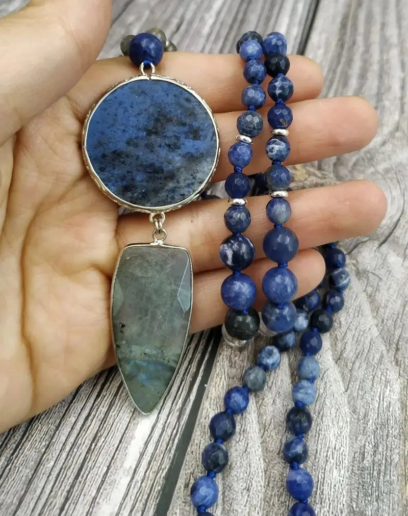 Natural Labradorite, Clear Quartz & Lapis Lazuli Boho Necklace