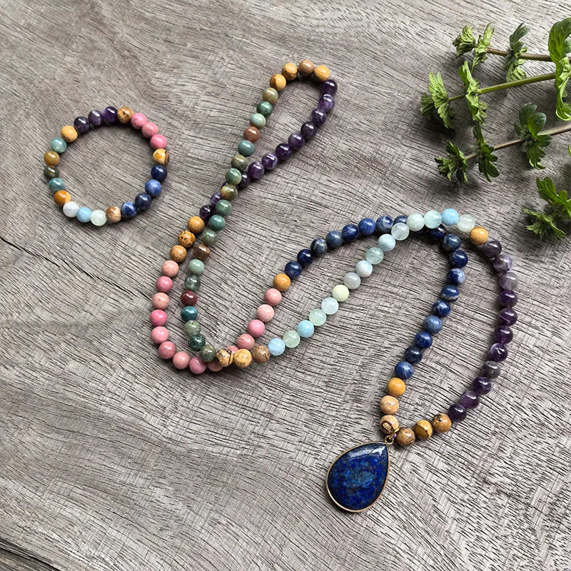Natural Amethyst, Aquamarine, Indian Agate, Picture Jasper, Rhodonite & Sodalite 108 Beads Mala Set