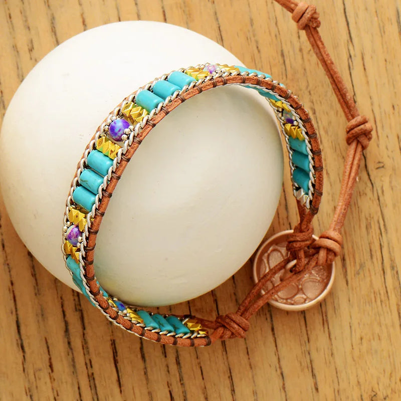 Natural Turquoise & Imperial Jasper Leather Wrap Bracelet