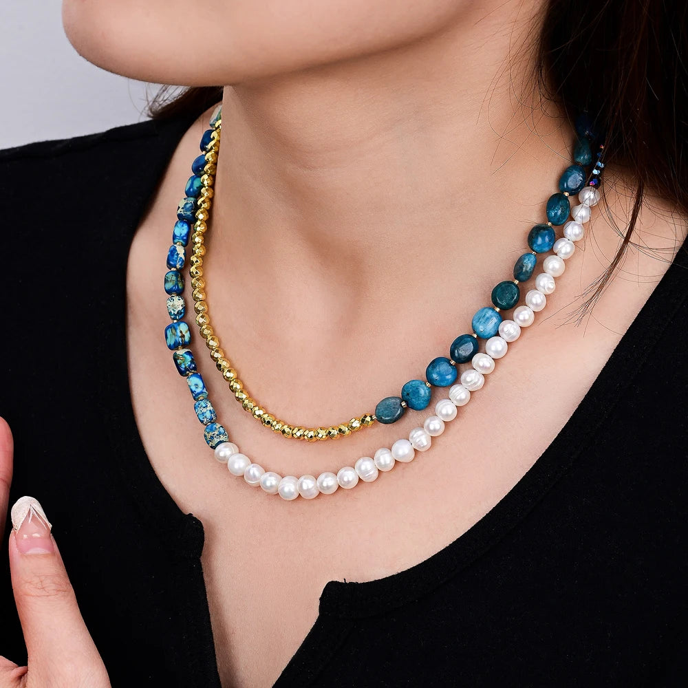 Natural Apatite, Hematite & Freshwater Pearls Double Layered Necklace Wrap Bracelet