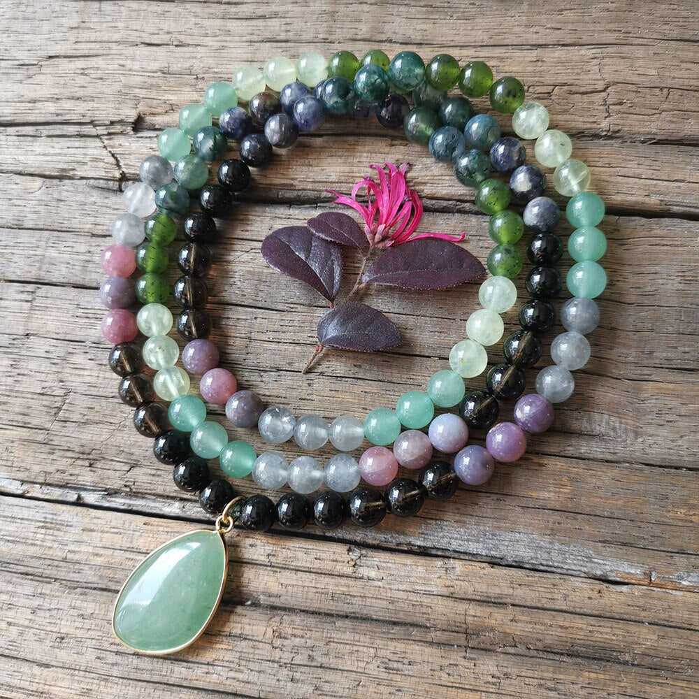 Natural Iolite, Jade, Onyx, Prehnite, Agate & Aventurine 108 Beads Mala Necklace / Bracelet