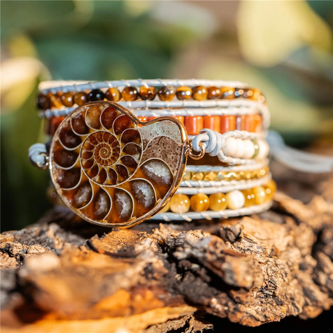 Natural Ammonite, Tiger Eye, Agate & Jasper Vegan Wrap Bracelet