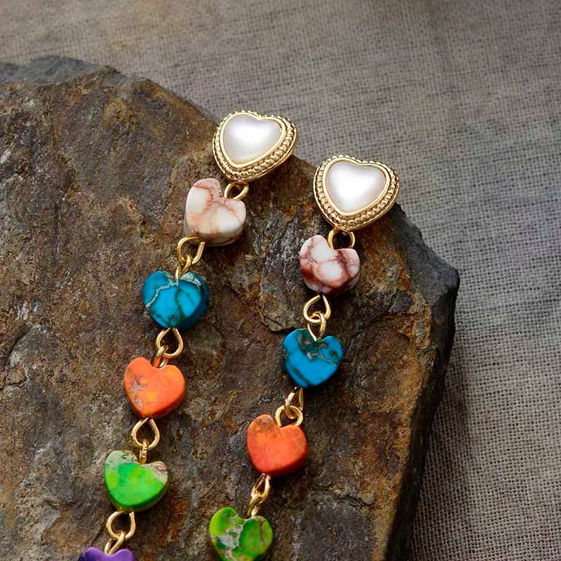 Natural 7 Chakras Jasper Rainbow Hearts Earrings