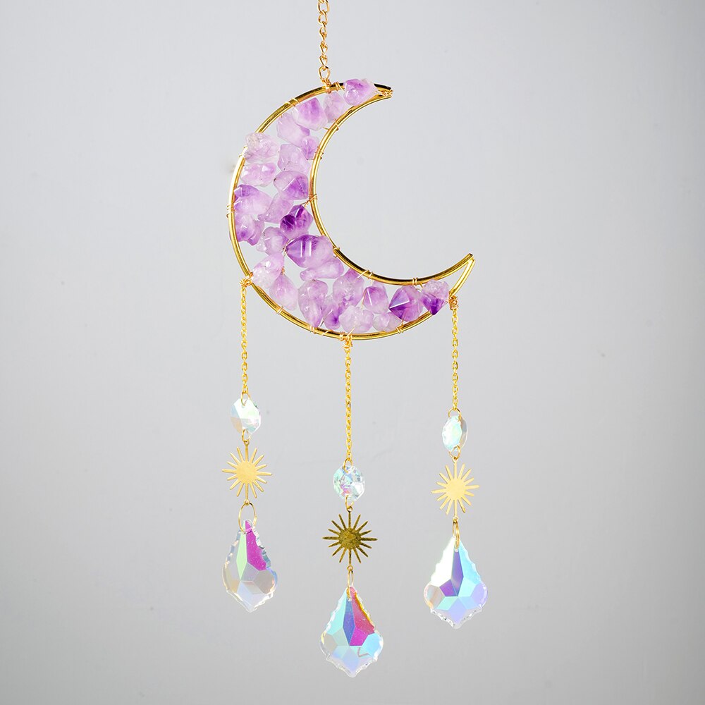 Natural Amethyst & Crystal Moon Sun Catcher / Wind Chime