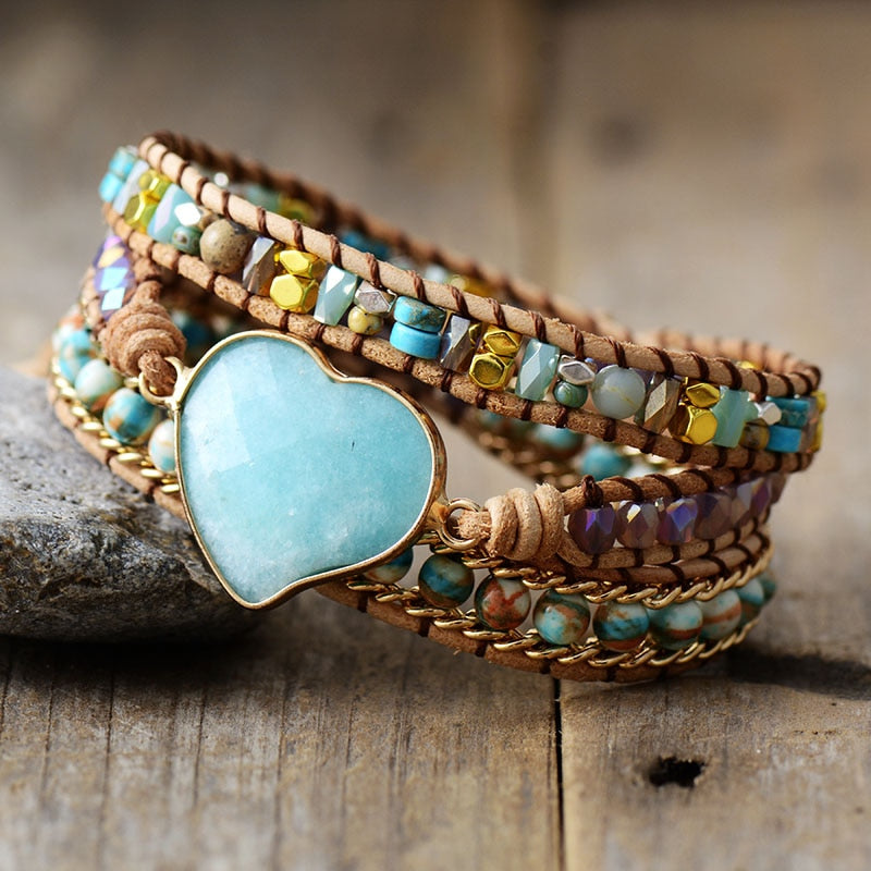 Natural Imperial Jasper & Amazonite Heart Leather Wrap Bracelet