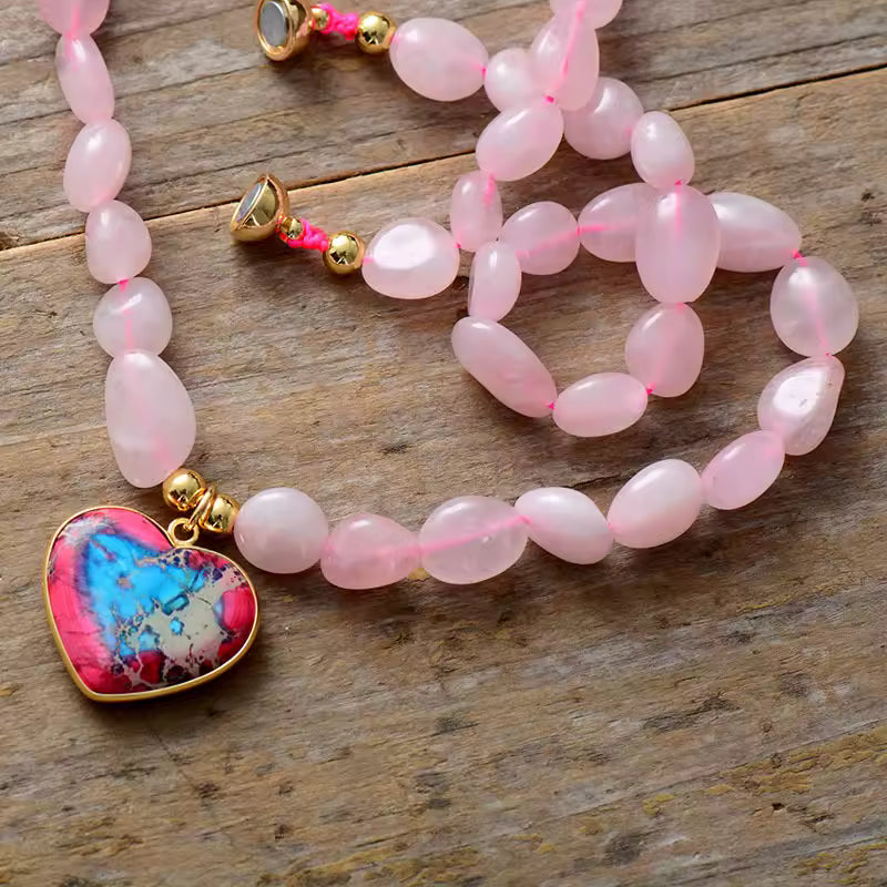 Natural Rose Quartz Beads & Imperial Jasper Heart Pendant Choker Necklace