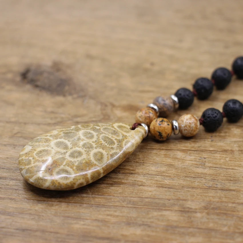 Natural Lava Stone, Jasper & Coral Agate Necklace