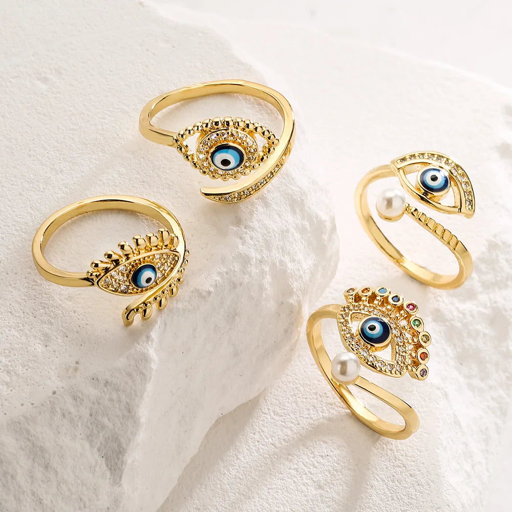 Gold Plated Blue Evil Eye Open Ring