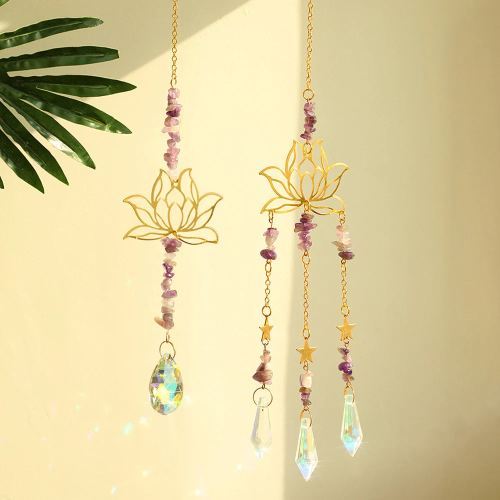 Natural Amethyst & Crystal Glass Lotus Suncatcher Set