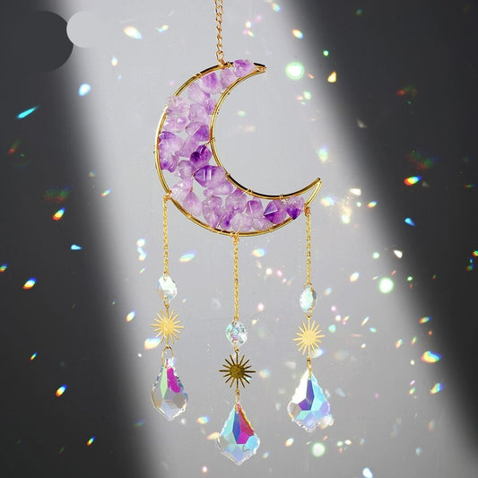 Natural Amethyst & Crystal Moon Sun Catcher / Wind Chime