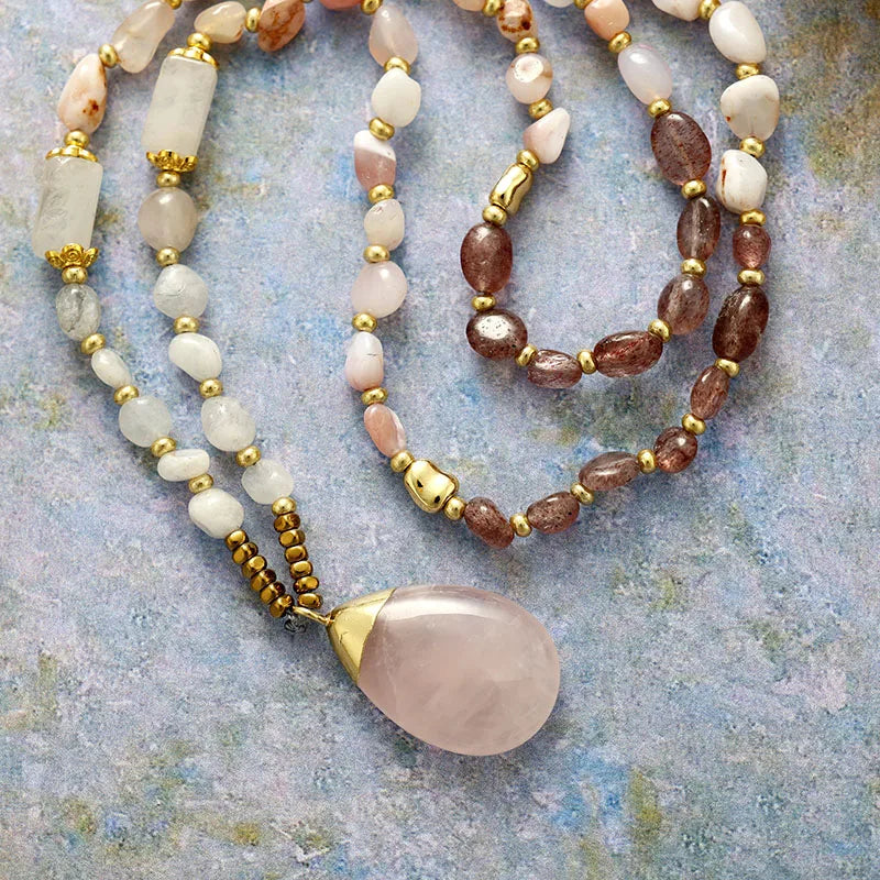 Natural Strawberry Quartz, Agate & Rose Quartz Necklace