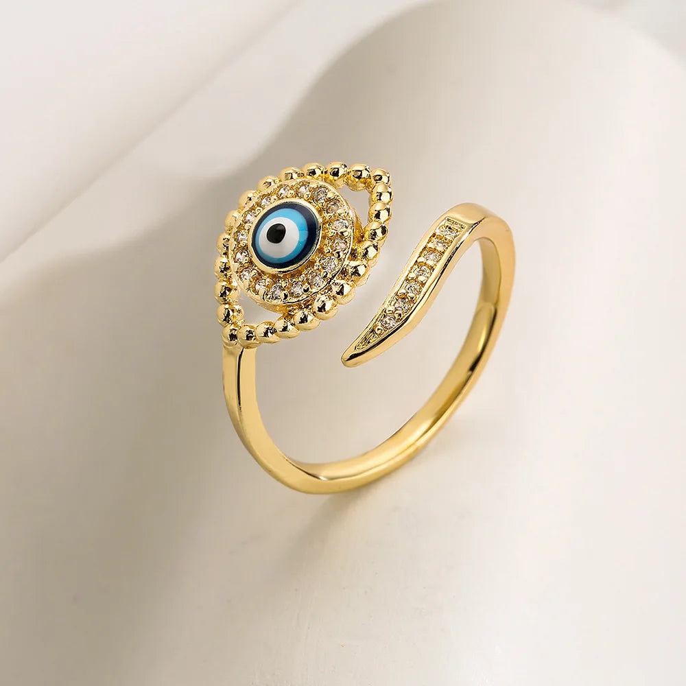 Gold Plated Blue Evil Eye Open Ring