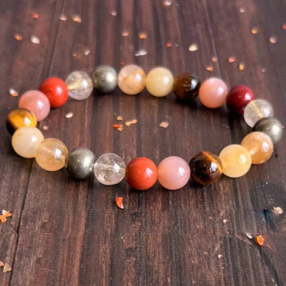 Natural Tiger Eye, Pyrite, Sunstone, Clear Quartz, Citrine & Mookaite Beaded Bracelet